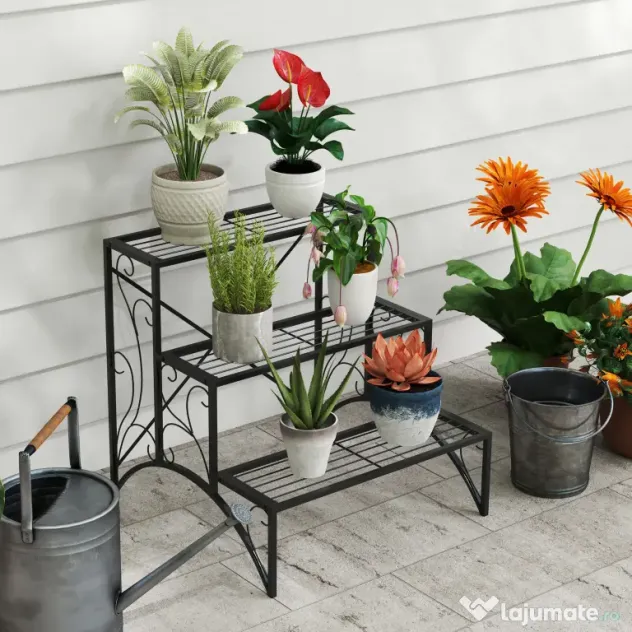 Outsunny Etajeră-suport pentru plante, cu 3 niveluri, în formă de scară, pentru interior și exterior, din metal, 60x60x60 cm, negru