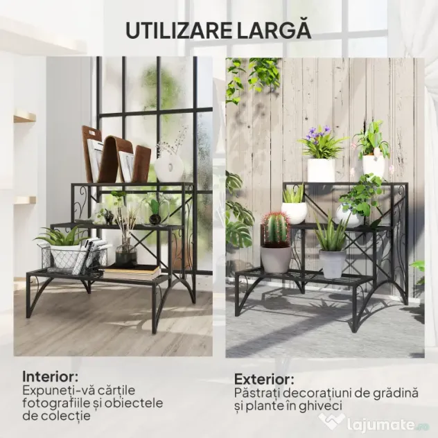 Outsunny Raft pentru Plante cu 3 Niveluri din metal, 60x60x60 cm, Negru | Aosom Romania