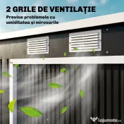 Outsunny Adăpost de Grădină Metalic în Alipire cu Kit de Fundație, Ușă Dublă, Ventilații și Acoperiș Înclinat, Gri | Aosom Romania 