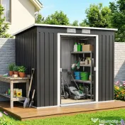 Outsunny Adăpost de Grădină Metalic în Alipire cu Kit de Fundație, Ușă Dublă, Ventilații și Acoperiș Înclinat, Gri | Aosom Romania 