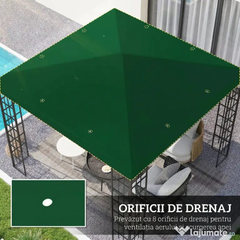 Outsunny Copertină pentru Foișor, Înlocuire Acoperiș pentru Foișor de Grădină cu Orificii de Drenaj, 298x298 cm, Verde | Aosom Romania