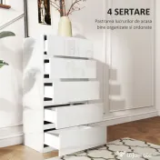 HOMCOM Comodă, Modernă și Anti-răsturnare, Dulap de Depozitare cu 5 Sertare din Pal Melaminat, 55x33x100 cm, Alb Lucios | Aosom Romania 
