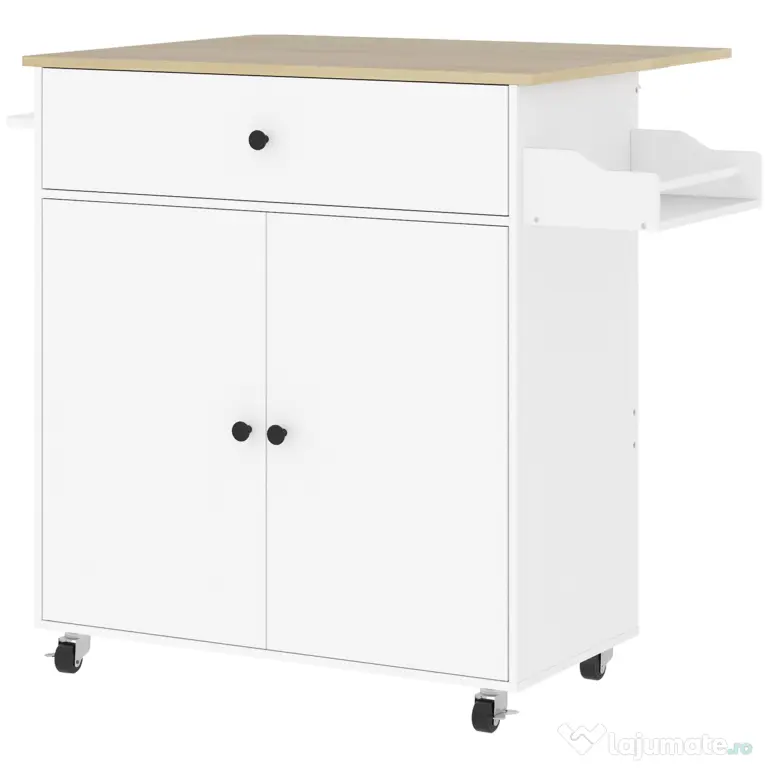 HOMCOM Insulă de Bucătărie cu Sertar, Dulap, Suport pentru Condimente și Prosoape, 106x42x87 cm, Alb și Stejar