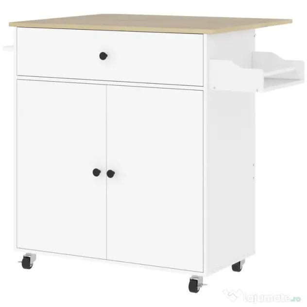 HOMCOM Insulă de Bucătărie cu Sertar, Dulap, Suport pentru Condimente și Prosoape, 106x42x87 cm, Alb și Stejar