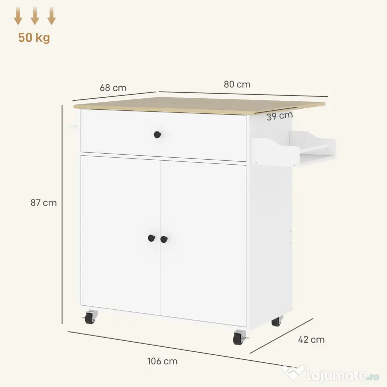 HOMCOM Insulă de Bucătărie cu Sertar, Dulap, Suport pentru Condimente și Prosoape, 106x42x87 cm, Alb și Stejar