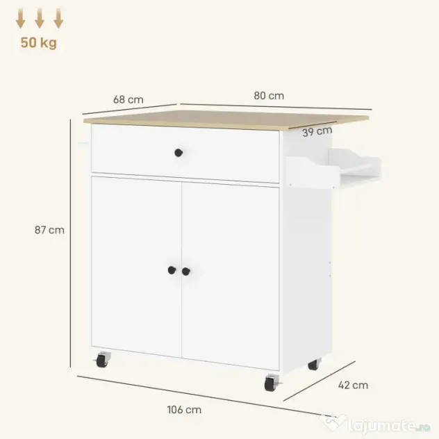 HOMCOM Insulă de Bucătărie cu Sertar, Dulap, Suport pentru Condimente și Prosoape, 106x42x87 cm, Alb și Stejar