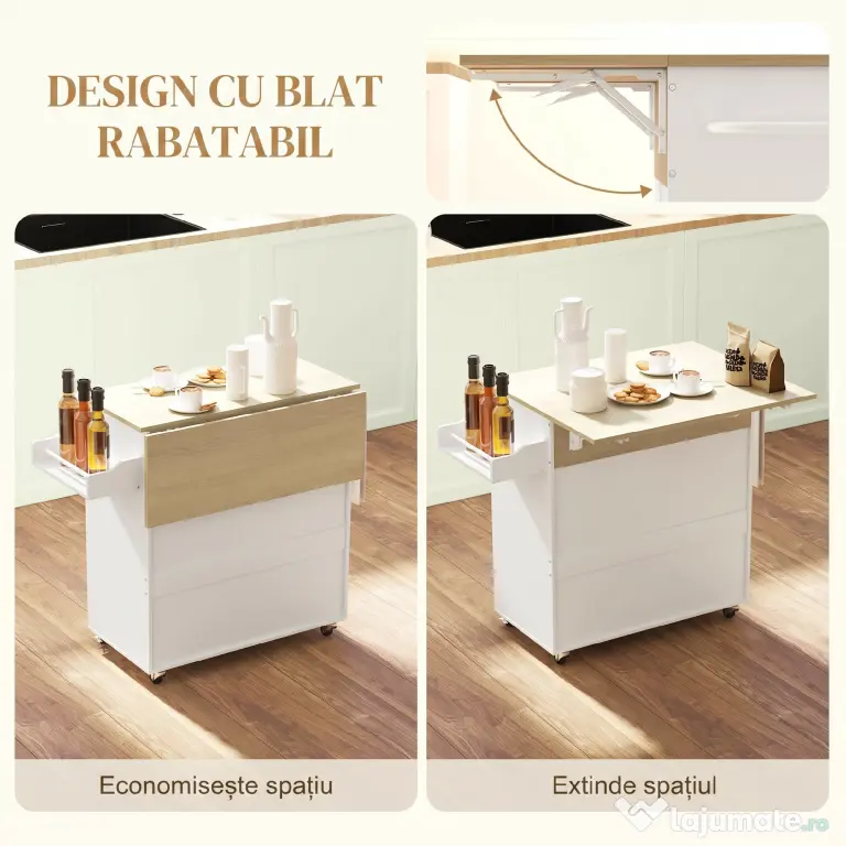 HOMCOM Insulă de Bucătărie cu Sertar, Dulap, Suport pentru Condimente și Prosoape, 106x42x87 cm, Alb și Stejar
