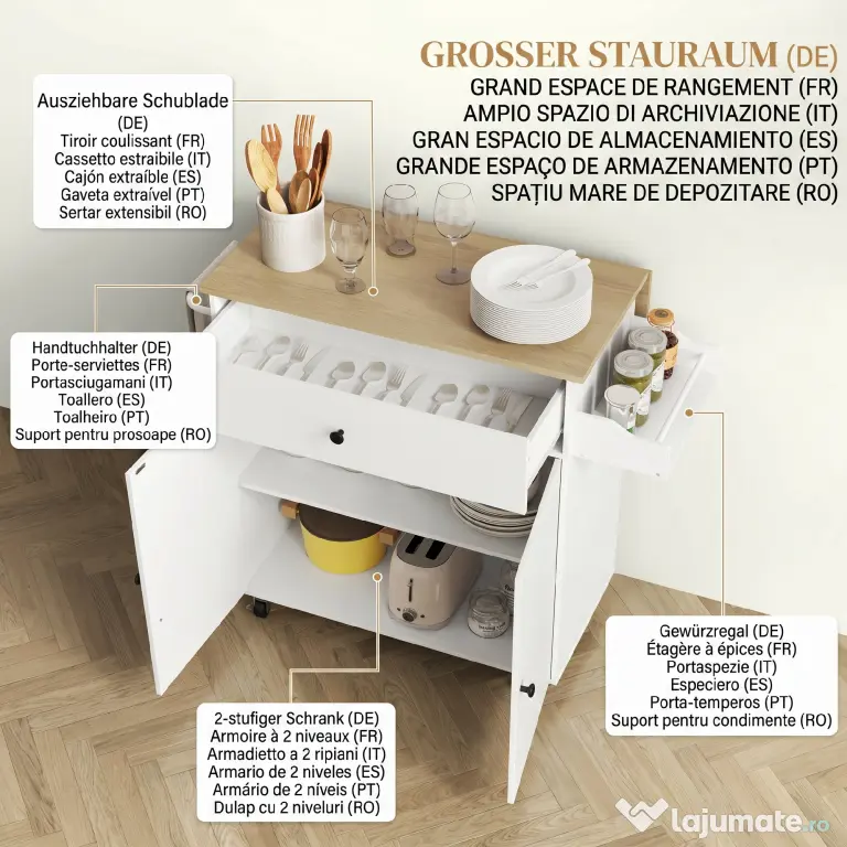 HOMCOM Insulă de Bucătărie cu Sertar, Dulap, Suport pentru Condimente și Prosoape, 106x42x87 cm, Alb și Stejar