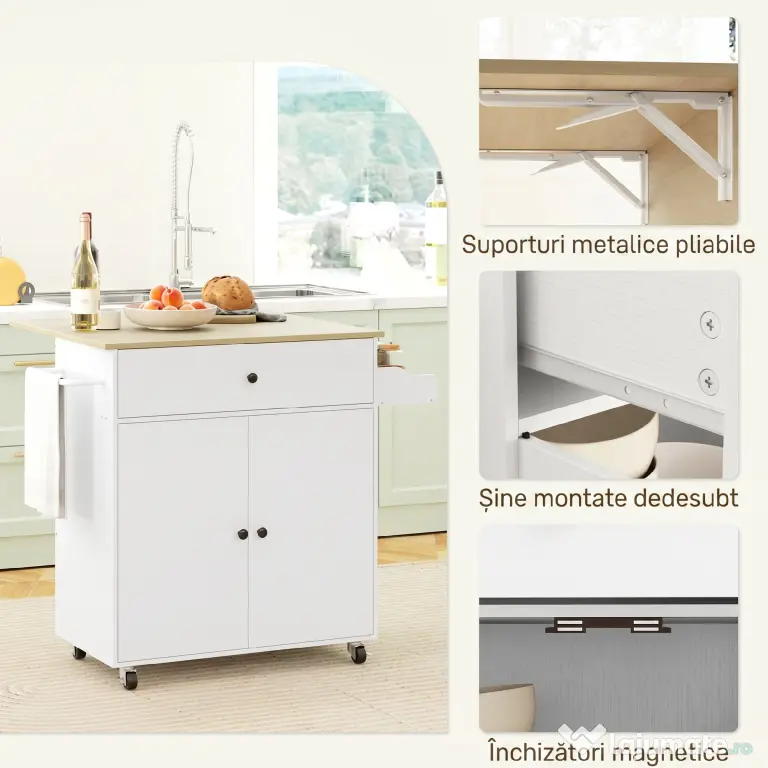 HOMCOM Insulă de Bucătărie cu Sertar, Dulap, Suport pentru Condimente și Prosoape, 106x42x87 cm, Alb și Stejar