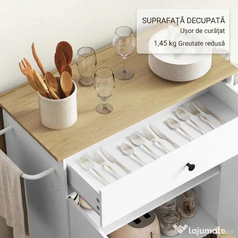 HOMCOM Insulă de Bucătărie cu Sertar, Dulap, Suport pentru Condimente și Prosoape, 106x42x87 cm, Alb și Stejar