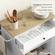 HOMCOM Insulă de Bucătărie cu Sertar, Dulap, Suport pentru Condimente și Suport pentru Prosoape, 106x42x87 cm, Alb și Stejar | Aosom Romania 