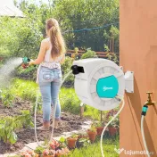 Outsunny Tambur Retractabil pentru Furtun de Grădină cu Furtun, Gri Deschis și Verde