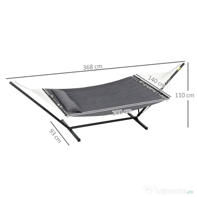 Outsunny Hamac de Grădină Portabil cu Structură, Pernă Integrată și Corzi de Siguranță, 368x93x110 cm, Gri Închis | Aosom Romania