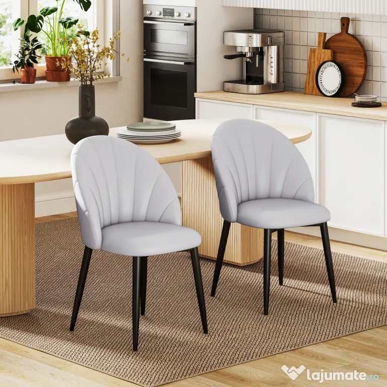 HOMCOM Set 2 Scaune din Piele Ecologică cu Picioare din Oțel și Spătar în Formă, 52x54x79 cm, Gri Deschis | Aosom Romania