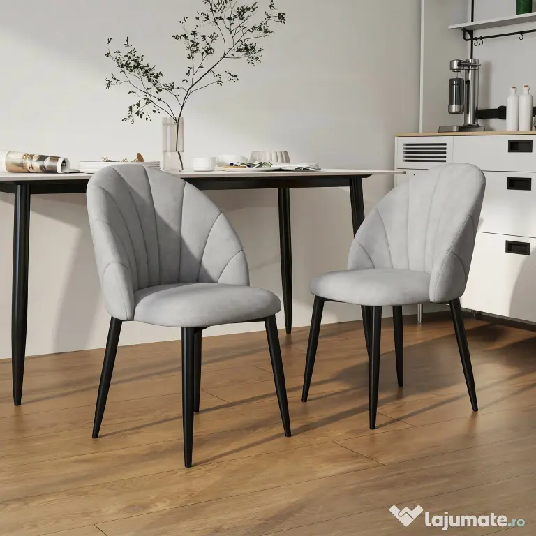 HOMCOM Set 2 Scaune din Piele Ecologică cu Picioare din Oțel și Spătar în Formă, 52x54x79 cm, Gri Deschis | Aosom Romania