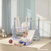 AIYAPLAY Tobogan pentru Copii 4 în 1 cu Scară de Cățărare și Coș de Baschet, 147.5x160x107 cm, Albastru Deschis | Aosom Romania 