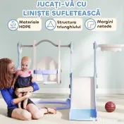 AIYAPLAY Tobogan pentru Copii 4 în 1 cu Scară de Cățărare și Coș de Baschet, 147.5x160x107 cm, Albastru Deschis | Aosom Romania 