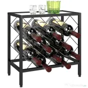 HOMCOM Suport pentru Sticle de Vin cu Blat din Sticlă Securizată și Cadru din Oțel, 41x22x41 cm, Negru | Aosom Romania 