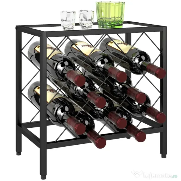 HOMCOM Suport pentru Sticle de Vin cu Blat din Sticlă Securizată și Cadru din Oțel, 41x22x41 cm, Negru | Aosom Romania