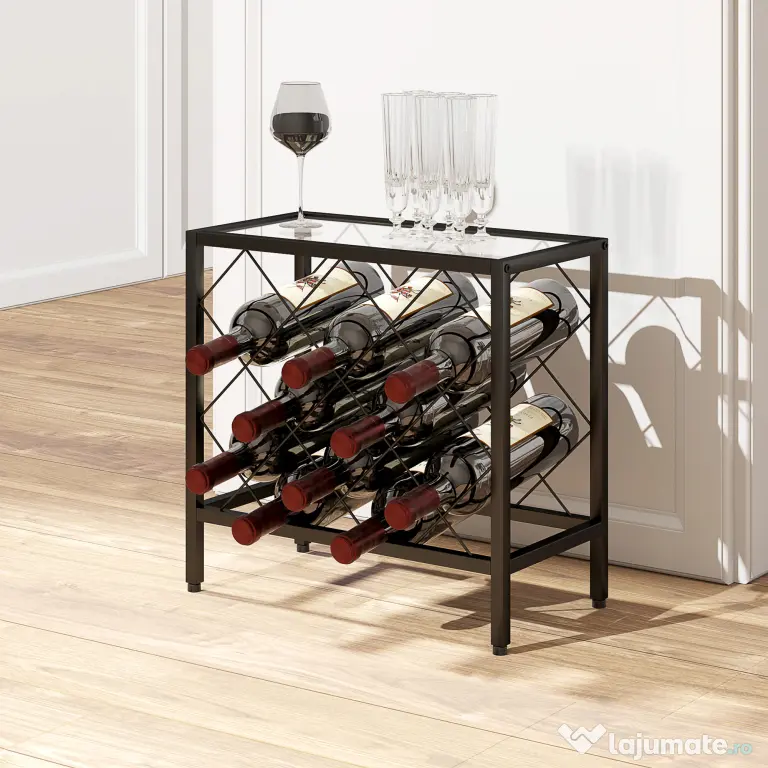 HOMCOM Suport pentru Sticle de Vin cu Blat din Sticlă Securizată și Cadru din Oțel, 41x22x41 cm, Negru | Aosom Romania