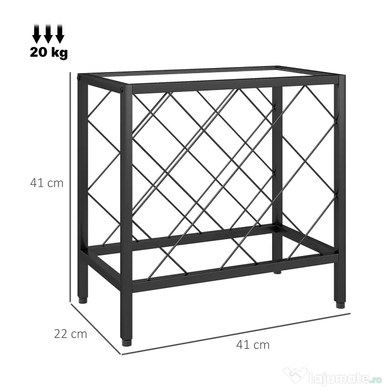 HOMCOM Suport pentru Sticle de Vin cu Blat din Sticlă Securizată și Cadru din Oțel, 41x22x41 cm, Negru | Aosom Romania