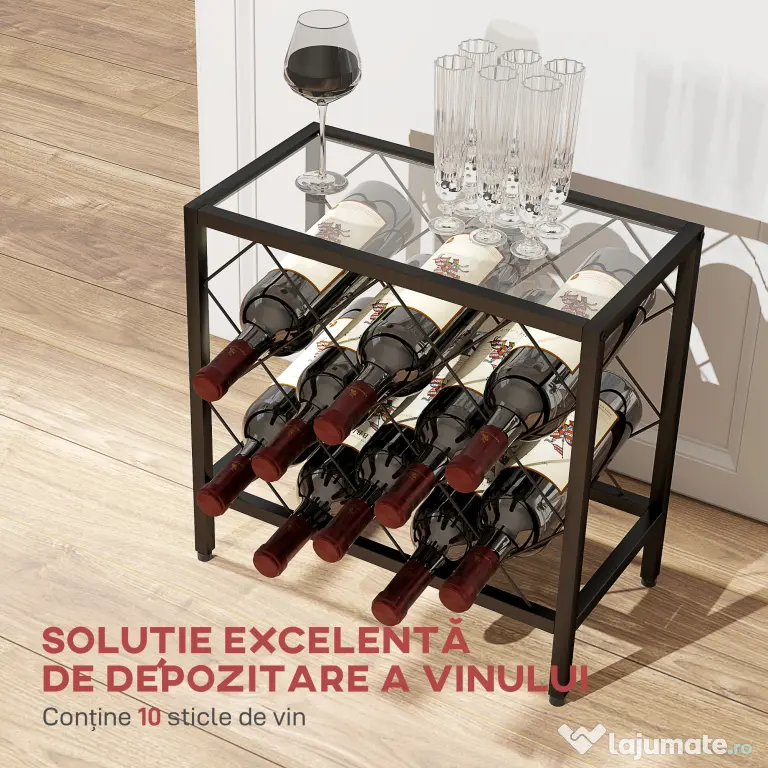 HOMCOM Suport pentru Sticle de Vin cu Blat din Sticlă Securizată și Cadru din Oțel, 41x22x41 cm, Negru | Aosom Romania