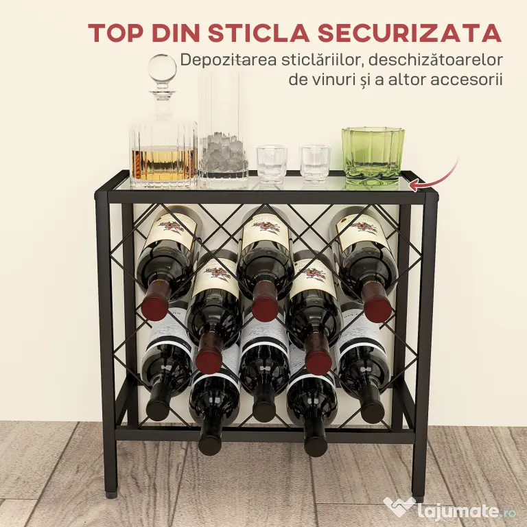 HOMCOM Suport pentru Sticle de Vin cu Blat din Sticlă Securizată și Cadru din Oțel, 41x22x41 cm, Negru | Aosom Romania
