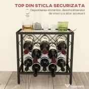 HOMCOM Suport pentru Sticle de Vin cu Blat din Sticlă Securizată și Cadru din Oțel, 41x22x41 cm, Negru | Aosom Romania 