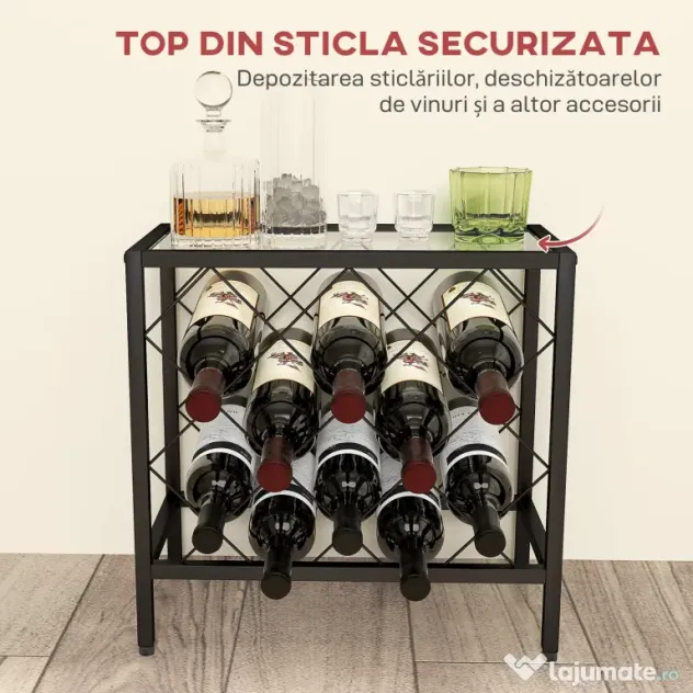 HOMCOM Suport pentru Sticle de Vin cu Blat din Sticlă Securizată și Cadru din Oțel, 41x22x41 cm, Negru | Aosom Romania