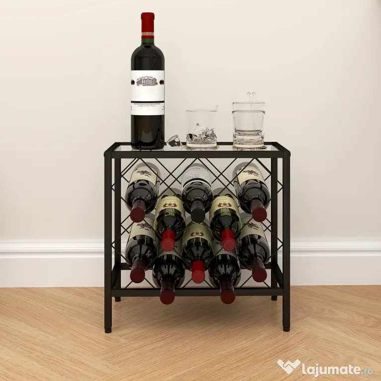 HOMCOM Suport pentru Sticle de Vin cu Blat din Sticlă Securizată și Cadru din Oțel, 41x22x41 cm, Negru | Aosom Romania
