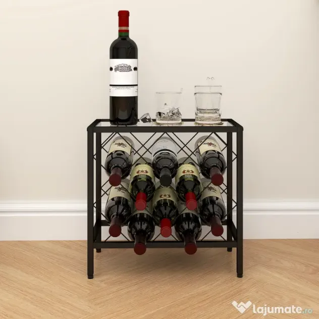 HOMCOM Suport pentru Sticle de Vin cu Blat din Sticlă Securizată și Cadru din Oțel, 41x22x41 cm, Negru | Aosom Romania