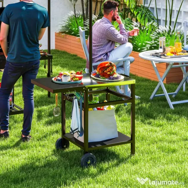 Outsunny Cărucior pentru Grătar cu Blat din Oțel Inoxidabil, Raft Pliabil și Husă de Protecție, 91x58x76 cm, Negru | Aosom Romania
