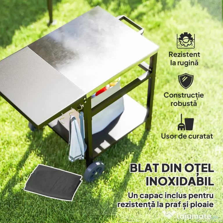Outsunny Cărucior pentru Grătar cu Blat din Oțel Inoxidabil, Raft Pliabil și Husă de Protecție, 91x58x76 cm, Negru | Aosom Romania