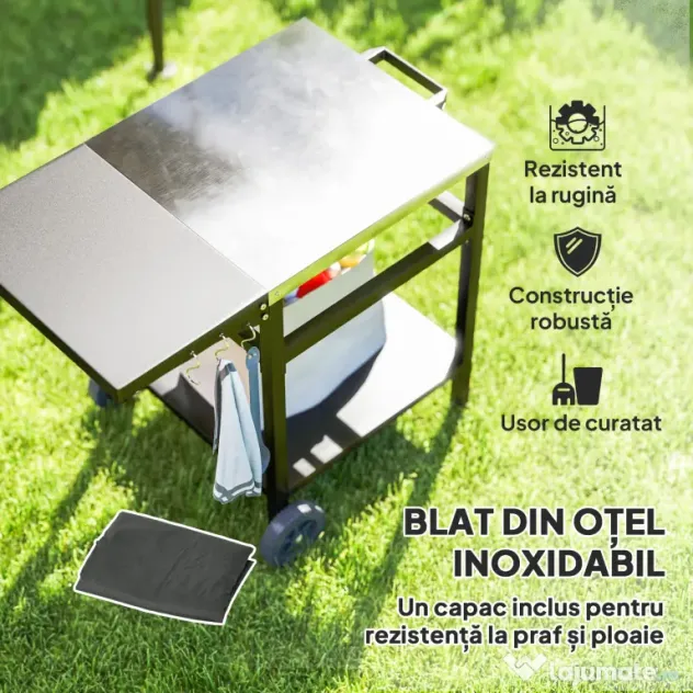 Outsunny Cărucior pentru Grătar cu Blat din Oțel Inoxidabil, Raft Pliabil și Husă de Protecție, 91x58x76 cm, Negru | Aosom Romania