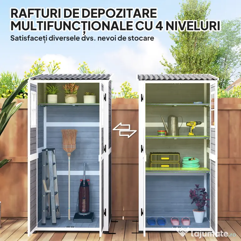Outsunny Magazie pentru Unelte de Grădină din Lemn de Brad cu 2 Ferestre și Rafturi Reglabile, 91x69x192cm, Gri Deschis | Aosom Romania