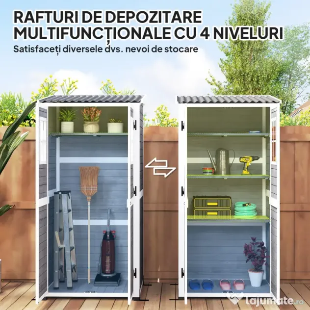 Outsunny Magazie pentru Unelte de Grădină din Lemn de Brad cu 2 Ferestre și Rafturi Reglabile, 91x69x192cm, Gri Deschis | Aosom Romania