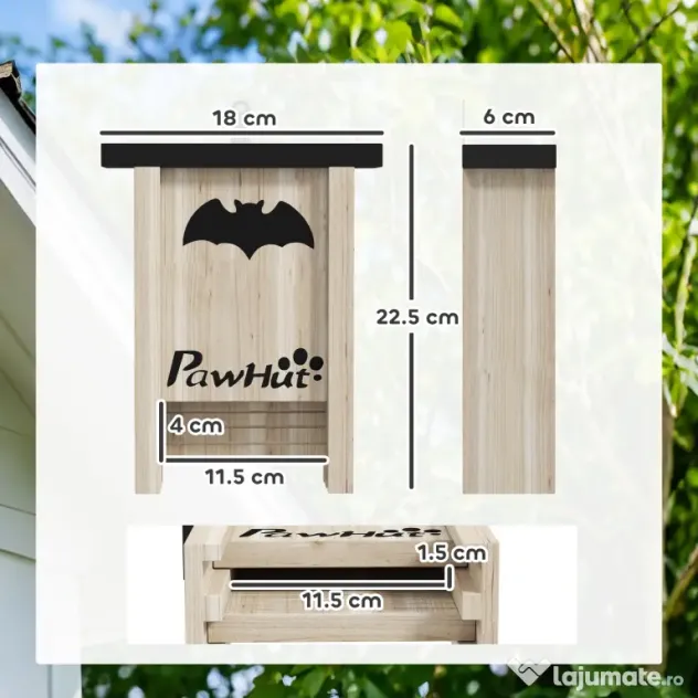 PawHut Set de 3 Căsuțe pentru Lilieci din Lemn de Brad, 18x6x22.5 cm, Lemn Natural | Aosom Romania
