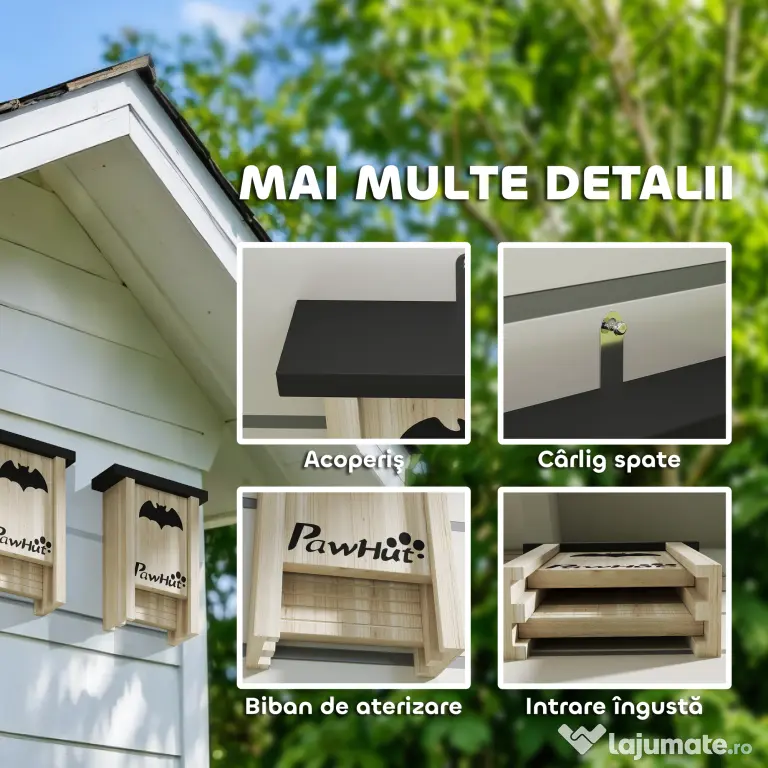 PawHut Set de 3 Căsuțe pentru Lilieci din Lemn de Brad, 18x6x22.5 cm, Lemn Natural | Aosom Romania