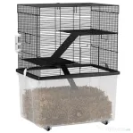 PawHut Cușcă pentru Hamsteri cu 3 Etaje, Roți, 2 Platforme, Rampe, Castron și Sticlă, 58x43x74 cm, Negru