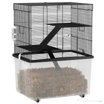PawHut Cușcă pentru Hamsteri cu 3 Niveluri, Bază Adâncă, Roți Rampe, Bol și Sticlă, 58x43x74 cm, Negru | Aosom Romania