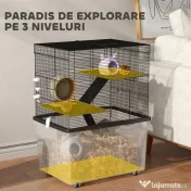 PawHut Cușcă pentru Hamsteri cu 3 Niveluri, Bază Adâncă, Roți Rampe, Bol și Sticlă, 58x43x74 cm, Negru | Aosom Romania