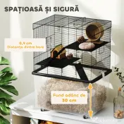 PawHut Cușcă pentru Hamsteri cu 3 Niveluri, Bază Adâncă, Roți Rampe, Bol și Sticlă, 58x43x74 cm, Negru | Aosom Romania