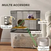 PawHut Cușcă pentru Hamsteri cu 3 Niveluri, Bază Adâncă, Roți Rampe, Bol și Sticlă, 58x43x74 cm, Negru | Aosom Romania