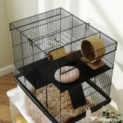PawHut Cușcă pentru Hamsteri cu 3 Niveluri, Bază Adâncă, Roți Rampe, Bol și Sticlă, 58x43x74 cm, Negru | Aosom Romania