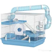 PawHut Cușcă pentru Hamsteri cu 3 Niveluri, Căsuță, Roată, Sticlă și Tuburi, 47.5x31.5x29.5 cm, Albastru | Aosom Romania 
