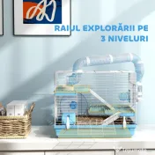 PawHut Cușcă pentru Hamsteri cu 3 Niveluri, Căsuță, Roată, Sticlă și Tuburi, 47.5x31.5x29.5 cm, Albastru | Aosom Romania 