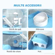 PawHut Cușcă pentru Hamsteri cu 3 Niveluri, Căsuță, Roată, Sticlă și Tuburi, 47.5x31.5x29.5 cm, Albastru | Aosom Romania 