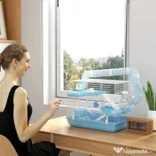 PawHut Cușcă pentru Hamsteri cu 3 Niveluri, Căsuță, Roată, Sticlă și Tuburi, 47.5x31.5x29.5 cm, Albastru | Aosom Romania 