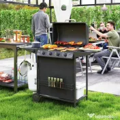 Outsunny Grătar pe Gaz cu Capac, Termometru, Măsuță Laterală și Tavă pentru Colectarea Grăsimii, 121x54x97 cm, Negru | Aosom Romania 