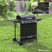 Outsunny Grătar pe Gaz cu Capac, Termometru, Măsuță Laterală și Tavă pentru Colectarea Grăsimii, 121x54x97 cm, Negru | Aosom Romania 